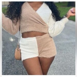 Almost Famous High Waist Two Tone Tan and White Fuzzy Shorts & Top set